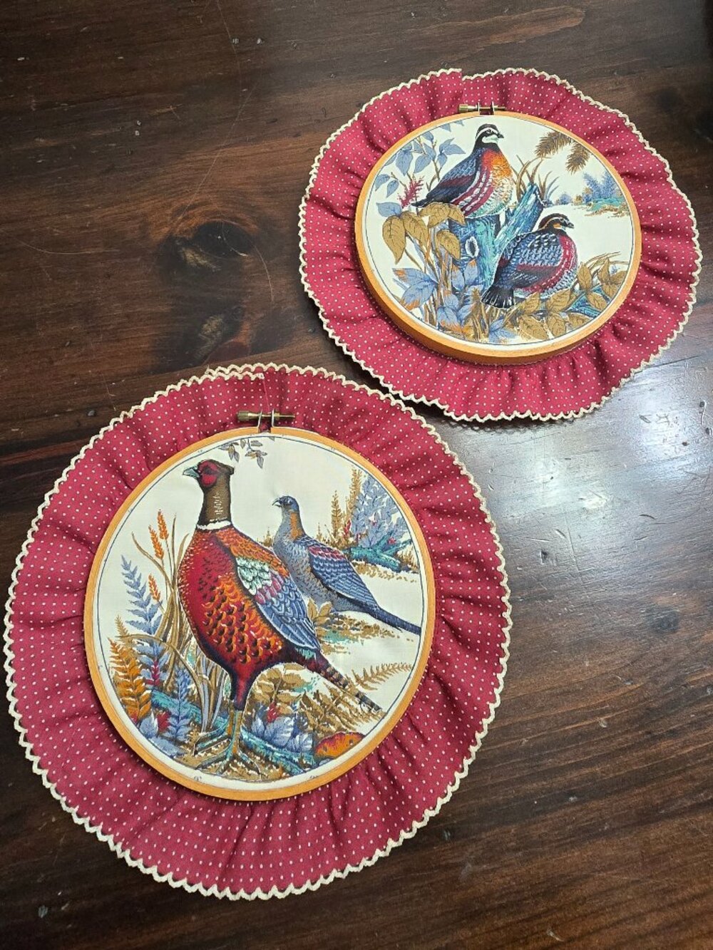 Vintage Game Bird Embroidery Hoop Wall Art Set of 2 Pheasant Quail